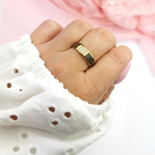 Pierścionek obrączka STAL CHIRURGICZNA grecki wzór kryształy  kolor złoty Blueberry