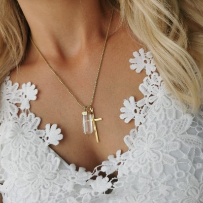 Naszyjnik STAL CHIRURGICZNA  kryształ górski krzyżyk kolor złoty Blueberry 