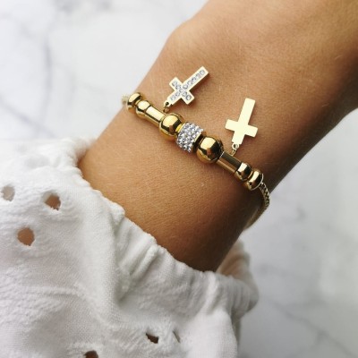 Bransoletka ze STALI CHIRURGICZNEJ modułowa charms  krzyżyk cyrkonie  kolor złoty