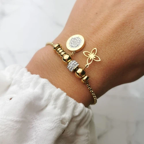 Bransoletka ze STALI CHIRURGICZNEJ modułowa koniczyna cyrkonie  kolor złoty