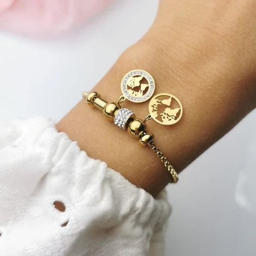 Bransoletka ze STALI CHIRURGICZNEJ modułowa mapa świata planeta cyrkonie  kolor złoty