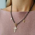 Naszyjnik POZŁACANA STAL klasyczny złoty krzyżyk czarne koraliki