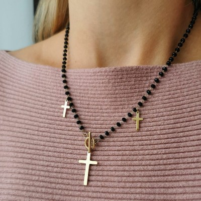 Naszyjnik POZŁACANA STAL klasyczny kółko złoty krzyżyk czarne koraliki 