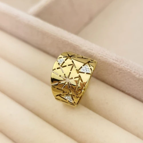 Pierścionek obrączka szeroka POZŁACANA STAL kryształy kolor złoty