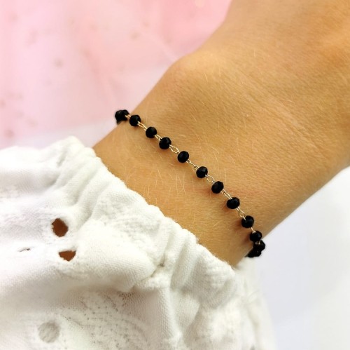 Bransoletka POZŁACANA klasyczna czarne koraliki rose gold