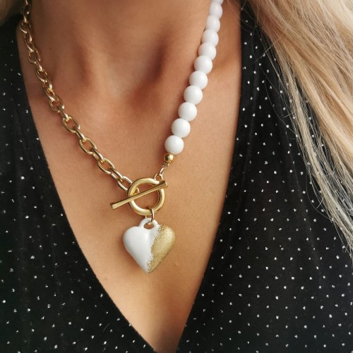 Naszyjnik biały onyks PĘKATE SERCE kolor złoty Colibra