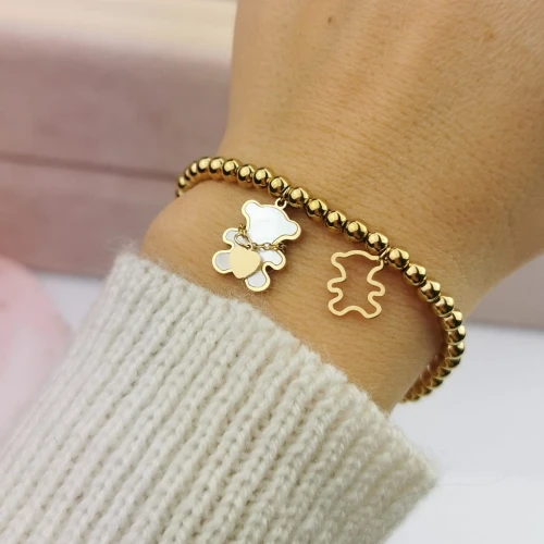 Bransoletka STAL CHIRURGICZNA elastyczna miś masa perłowa złote koraliki