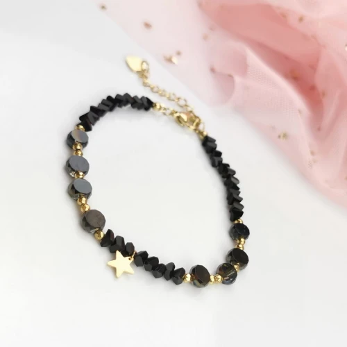 Bransoletka STAL CHIRURGICZNA gwiazdka koraliki kamienie czarne złota Blueberry Premium
