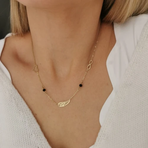 Bransoletka STAL CHIRURGICZNA skrzydło serce nieskończoność czarne kamienie  kolor złoty