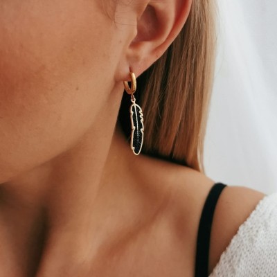 Kolczyki ze STALI CHIRURGICZNEJ piórka czarne kryształki kolor złoty Blueberry 