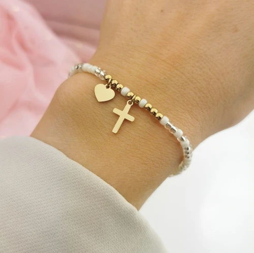 Złota bransoletka STAL CHIRURGICZNA elastyczna serce krzyżyk białe koraliki Blueberry