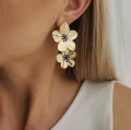 Złote kolczyki STAL CHIRURGICZNA wiszące kwiaty niebieska emalia boho vintage