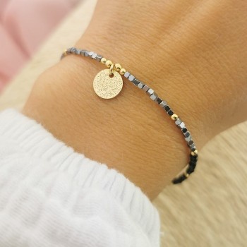 Złota bransoletka ze STALI CHIRURGICZNEJ kamienie hematyt blaszka 