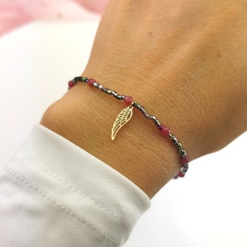 Bransoletka STAL CHIRURGICZNA skrzydło różowe koraliki Blueberry