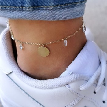 Bransoletka na nogę  ze STALI CHIRURGICZNEJ blaszka kryształki kolor złoty