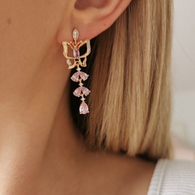 Kolczyki POZŁACANE motyle różowe kryształki rose gold
