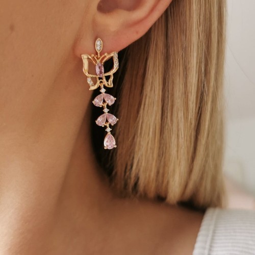 Kolczyki POZŁACANE motyle różowe kryształki rose gold
