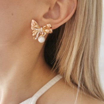 Kolczyki POZŁACANE kokardki z perłą rose gold