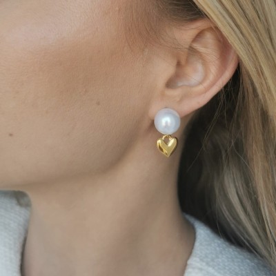 Kolczyki ze STALI CHIRURGICZNEJ serduszka perły kolor złoty 