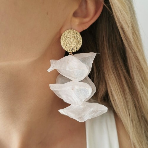 Kolczyki jedwabne KWIATY białe boho