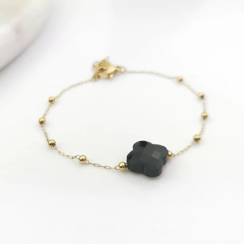 Bransoletka koniczynka czarne agaty złote kuleczki