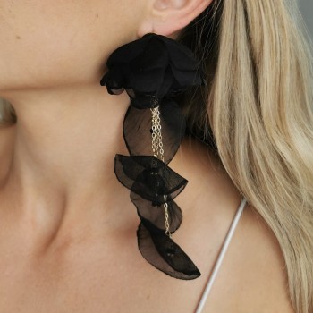 Kolczyki jedwabne wiszące KWIATY czarne z kryształami