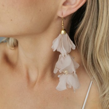 Kolczyki jedwabne wiszące KWIATY beżowe