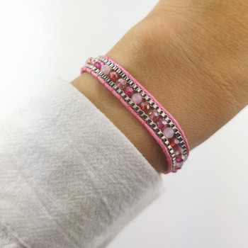 Bransoletka ciemnoróżowa koraliki kryształy na sznurku  