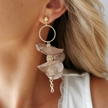 Kolczyki jedwabne KWIATY ciemny beżowy