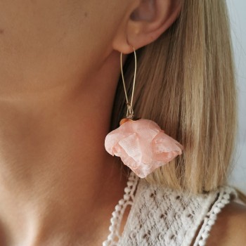 Kolczyki jedwabne KWIATY różowe pudrowe perła