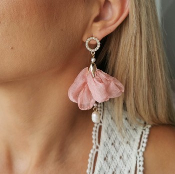 Kolczyki jedwabne KWIATY różowe z perłami  