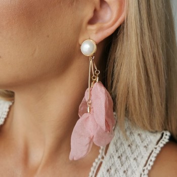 Kolczyki jedwabne KWIATY różowe z perłami   