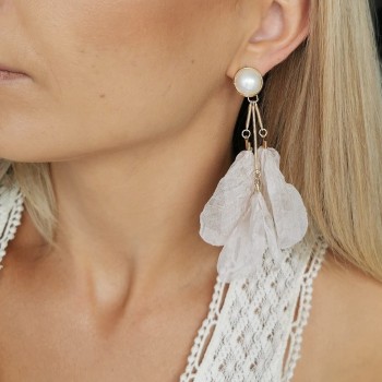 Kolczyki jedwabne KWIATY beżowe z perłami    