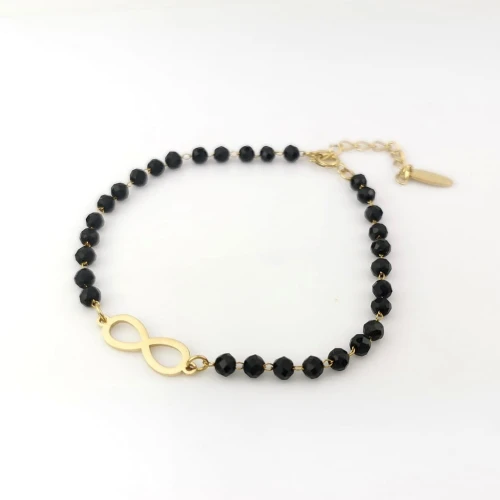 Bransoletka ze STALI CHIRURGICZNEJ nieskończoność czarne kryształki kolor złoty