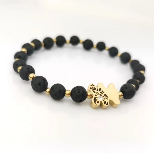 Bransoletka lawa wulkaniczna STAL SZLACHETNA miś kolor złoty