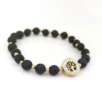 Bransoletka lawa wulkaniczna STAL SZLACHETNA drzewko szczęścia kryształy kolor złoty 