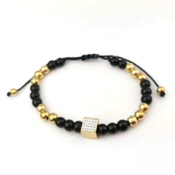 Bransoletka STAL SZLACHETNA kostka czarne kulki kolor złoty 