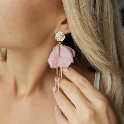 Kolczyki jedwabne KWIATY różowe boho blaszki 