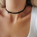 Naszyjnik choker złote monetki ze STALI SZLACHETNEJ czarny rzemyk