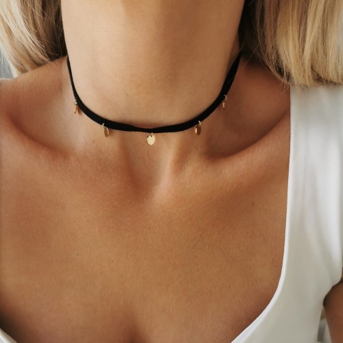 Naszyjnik choker złote monetki ze STALI SZLACHETNEJ czarny rzemyk