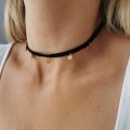 Naszyjnik choker złote monetki ze STALI SZLACHETNEJ czarny rzemyk