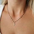 Naszyjnik podwójny ze STALI CHIRURGICZNEJ krzyżyk cyrkonie czarne koraliki   SOHO Biżuteria