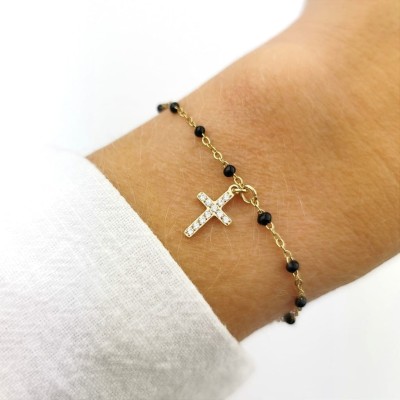Bransoletka ze STALI CHIRURGICZNEJ krzyżyk cyrkonie czarne koraliki  kolor złoty 