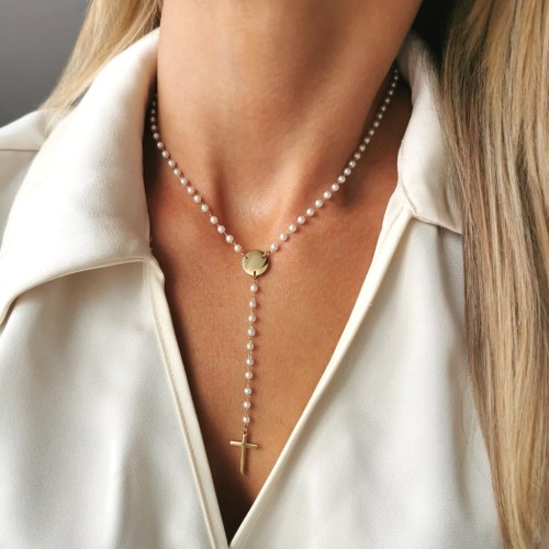 Naszyjnik ze STALI CHIRURGICZNEJ różaniec krzyżyk perły kolor złoty