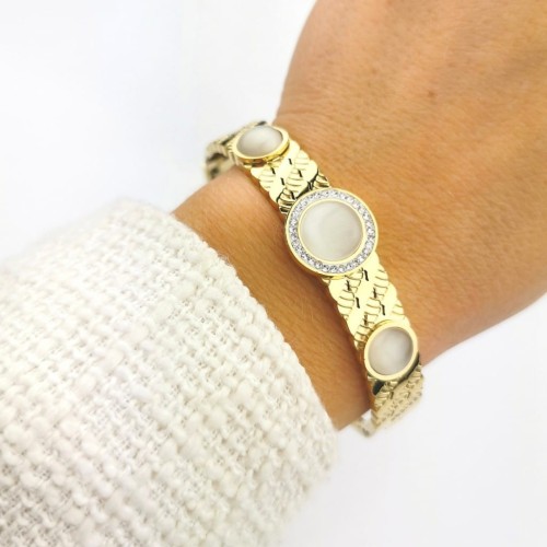 Bransoletka STAL CHIRURGICZNA masa perłowa sztywna bangle kryształki