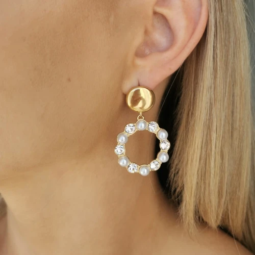 Kolczyki  ze STALI CHIRURGICZNEJ koła perły z kryształami kolor złoty