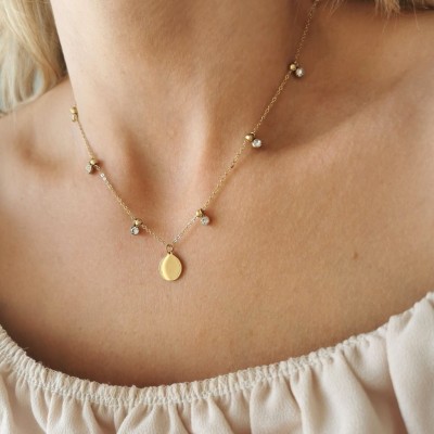 Złoty naszyjnik STAL CHIRURGICZNA blaszka kulki kryształy