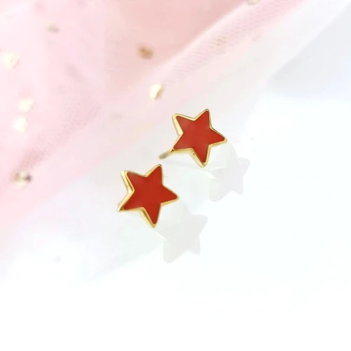 Kolczyki ze STALI CHIRURGICZNEJ  GWIAZDKI czerwone emalia kolor złote