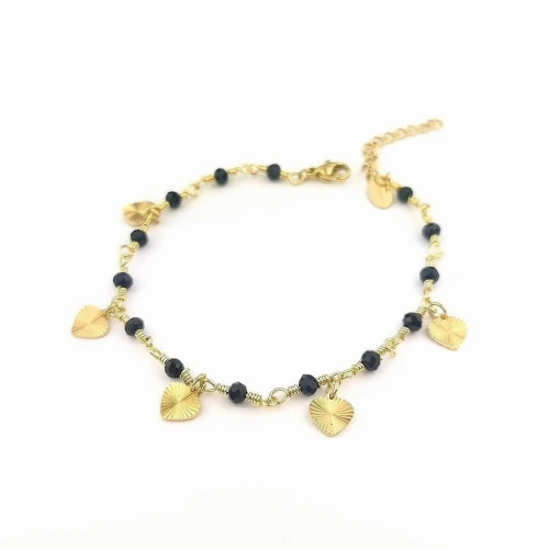 Złota bransoletka STAL CHIRURGICZNA serduszka czarne koraliki Blueberry