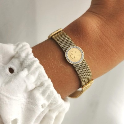 Bransoletka MESH STAL CHIRURGICZNA koniczyna  kryształki kolor złoty Blueberry Premium 